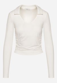 Born2be - Biała Bluzka z Marszczeniem i Kołnierzykiem Amoessa. Okazja: na co dzień. Typ kołnierza: dekolt w kształcie V. Kolor: biały. Materiał: jeans. Długość rękawa: długi rękaw. Długość: długie. Styl: elegancki, casual #5