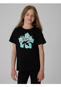 4f - 4F T-shirt regular z nadrukiem dziewczęcy - czarny 158 (12-13 lat). Okazja: na co dzień. Kolor: czarny. Materiał: bawełna, dzianina. Wzór: nadruk. Sezon: lato. Styl: casual #1