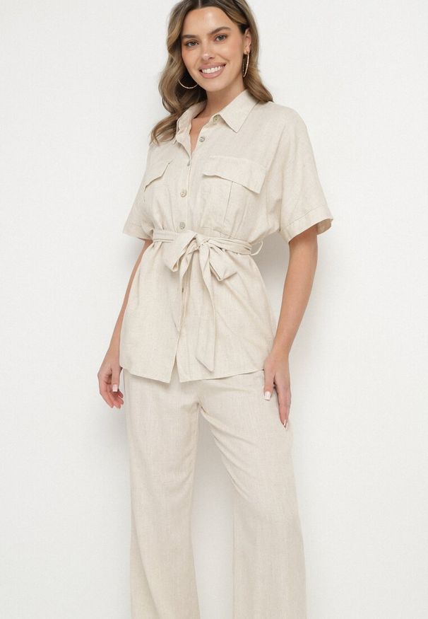 Born2be - Ciemnobeżowy Komplet z Wiskozą Lnem Koszula z Paskiem i Szerokie Spodnie Galorisa. Kolor: beżowy. Materiał: wiskoza, len