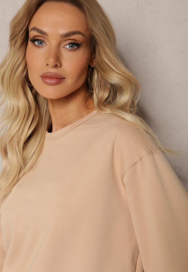 Renee - Beżowa Oversize Bluza z Bawełny o Krótkim Fasonie Sibolla. Kolor: beżowy. Materiał: bawełna. Długość: krótkie