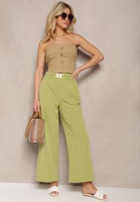 Renee - Jasnozielone Spodnie z Szerokimi Nogawkami w Stylu Palazzo High Waist z Gumką w Pasie z Ozdobnym Elementem Ellsiana. Okazja: na co dzień. Stan: podwyższony. Kolor: zielony. Materiał: bawełna. Styl: elegancki, casual #3