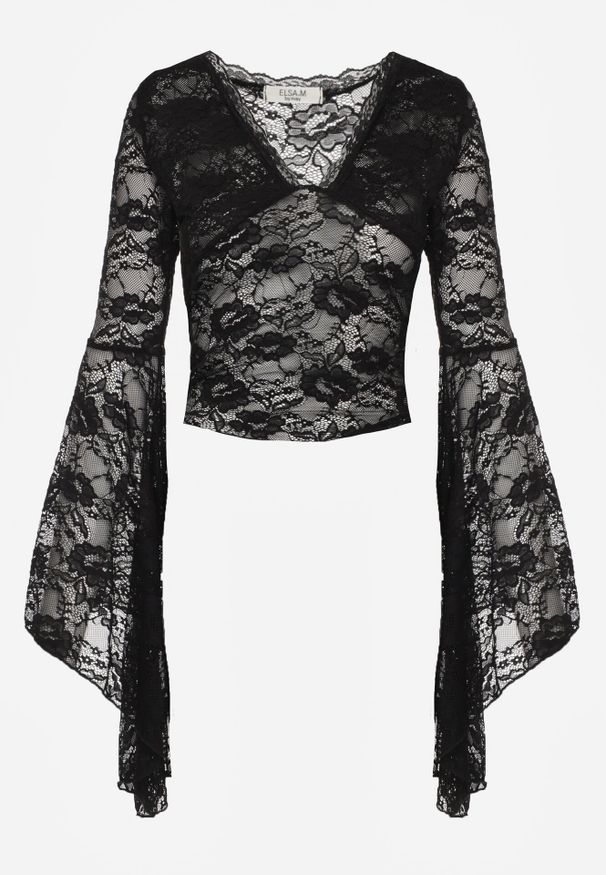 Born2be - Czarna Koronkowa Bluzka z Rozkloszowanymi Długimi Rękawami Ablea. Okazja: na co dzień, na imprezę. Kolor: czarny. Materiał: koronka. Długość rękawa: długi rękaw. Długość: długie. Styl: casual, elegancki