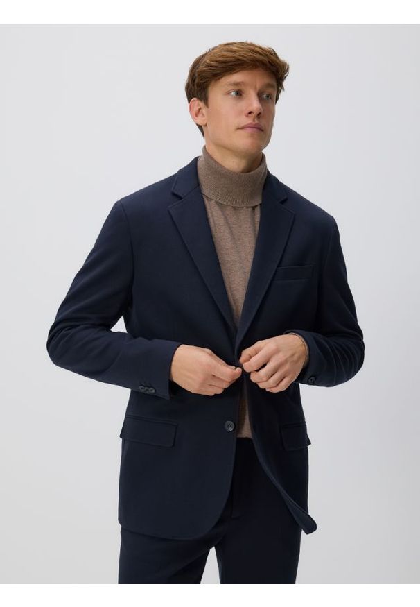 Reserved - Marynarka slim fit - granatowy. Kolor: niebieski. Materiał: dzianina, bawełna