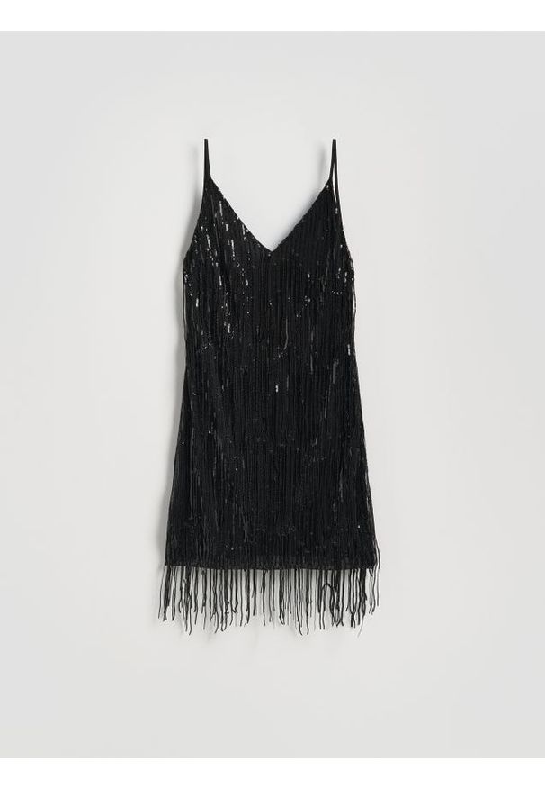Reserved - Sukienka mini z cekinami - czarny. Kolor: czarny. Materiał: tkanina. Typ sukienki: proste. Długość: mini