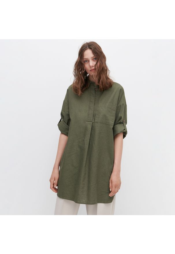 Reserved - Koszula z bawełny i lnu - Zielony. Kolor: zielony. Materiał: bawełna, len