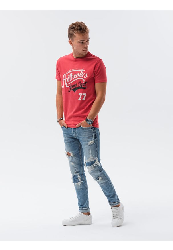 Ombre Clothing - T-shirt męski z nadrukiem S1434 V-22A - czerwony - XXL. Kolor: czerwony. Materiał: bawełna. Wzór: nadruk. Styl: klasyczny