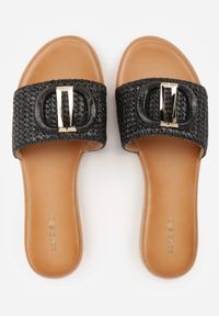 Born2be - Czarne Płaskie Klapki z Plecionym Paskiem i Metaliczną Aplikacją Qinish. Okazja: na co dzień. Kolor: czarny. Materiał: len. Wzór: aplikacja. Sezon: lato. Obcas: na płaskiej podeszwie. Styl: boho, casual #3