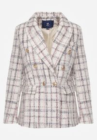 Renee - Biała Dwurzędowa Marynarka z Błyszczącą Nicią i Poduszkami na Ramionach Elilona. Kolor: biały. Materiał: dzianina. Długość rękawa: długi rękaw. Długość: długie. Styl: klasyczny #4