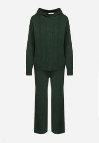 Born2be - Ciemnozielony Dzianinowy Komplet Bluza z Kapturem w Warkoczowy Splot i Spodnie z Szerokimi Nogawkami Narahai. Kolor: zielony. Materiał: dzianina. Wzór: ze splotem #3