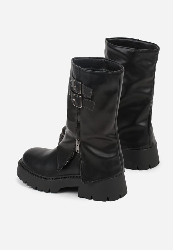 Renee - Czarne Botki Biker Boots VICES ze Sprzączkami i Cholewką Imitującą Nogawkę Anevita. Zapięcie: sprzączka. Kolor: czarny. Materiał: koronka, jeans, skóra. Szerokość cholewki: normalna. Styl: rockowy