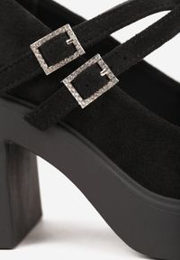 Born2be - Czarne Półbuty na Słupku z Podwójnym Paskiem z Cyrkoniowymi Klamrami Nerilin. Okazja: do pracy, na spotkanie biznesowe. Zapięcie: klamry. Kolor: czarny. Materiał: jeans, materiał. Obcas: na słupku. Styl: klasyczny, biznesowy, elegancki #8