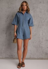 Renee - Niebieski Jeansowy Kombinezon o Krótkim Fasonie Oversize Cnassiasse. Okazja: na co dzień. Kolor: niebieski. Materiał: jeans. Długość: krótkie. Sezon: lato. Styl: street, elegancki, casual #2