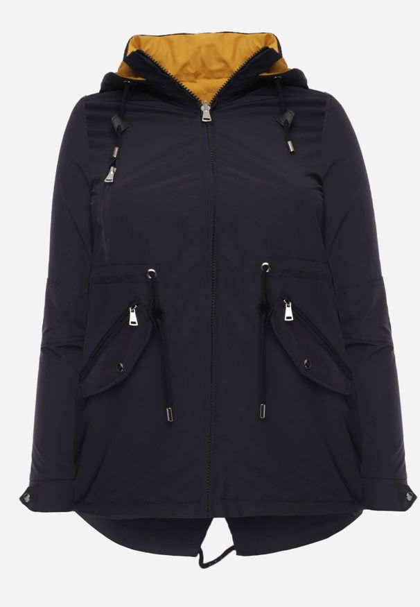 Born2be - Granatowo-Żółta Przejściowa Kurtka Dwustronna o Kroju Parki z Pikowaniem Wewnątrz Zidelle. Typ kołnierza: kaptur. Kolor: niebieski. Materiał: poliester, jeans. Styl: sportowy