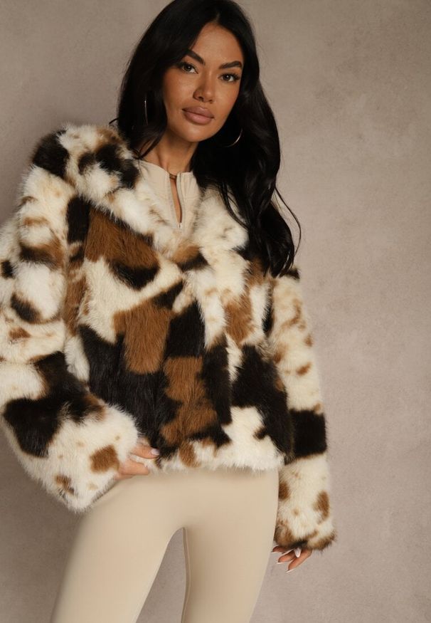 Renee - Brązowo-Beżowa Dwurzędowa Kurtka Futerko Oversize Nenalla. Okazja: na co dzień. Kolor: beżowy. Materiał: futro. Styl: casual, elegancki