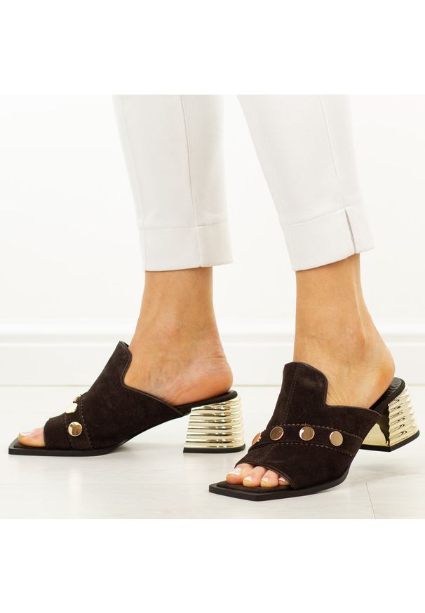 Brązowe skórzane klapki damskie DiA 3143. Kolor: brązowy. Materiał: skóra, zamsz. Wzór: aplikacja. Sezon: wiosna, lato. Obcas: na obcasie. Styl: elegancki, klasyczny, wizytowy. Wysokość obcasa: średni