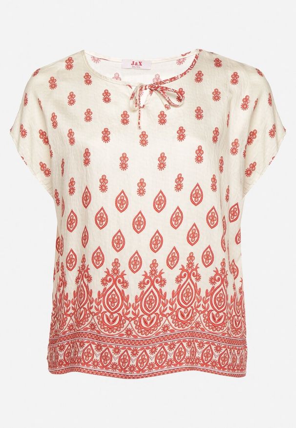 Born2be - Biało-Czerwona Bluzka w Boho Wzór z Wiązaniem przy Dekolcie Jenalia. Kolor: czerwony. Materiał: materiał, jeans. Styl: boho