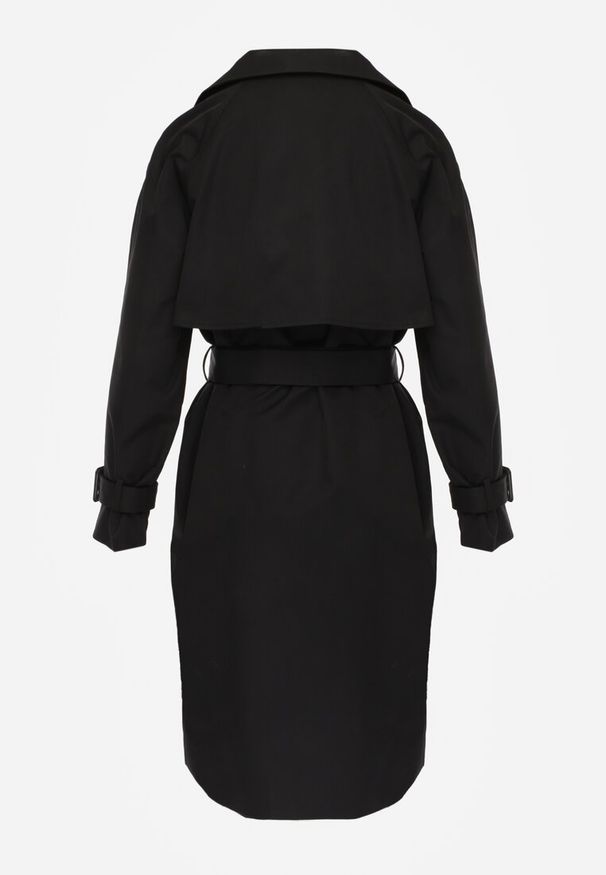 Renee - Czarny Dwurzędowy Płaszcz Trencz z Paskiem Ninnolia. Okazja: do pracy, na spacer. Kolor: czarny. Materiał: jeans. Wzór: aplikacja. Styl: klasyczny, elegancki