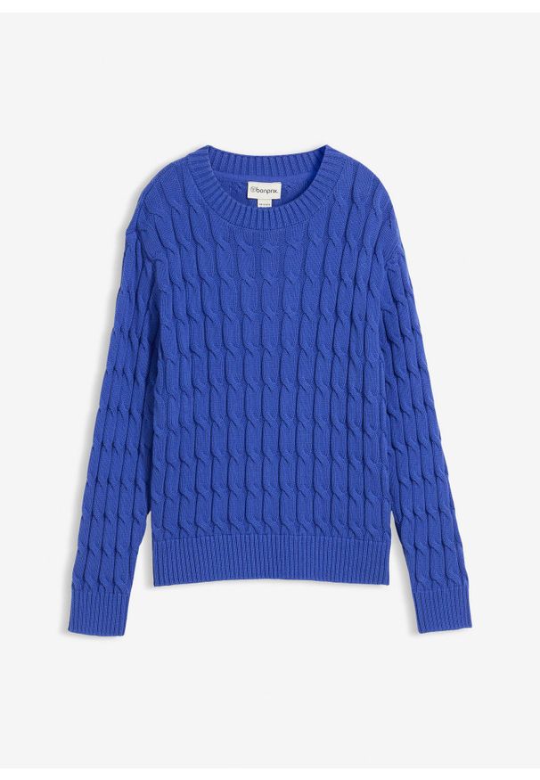 bonprix - Gruby sweter z czystej bawełny. Kolor: niebieski. Materiał: bawełna