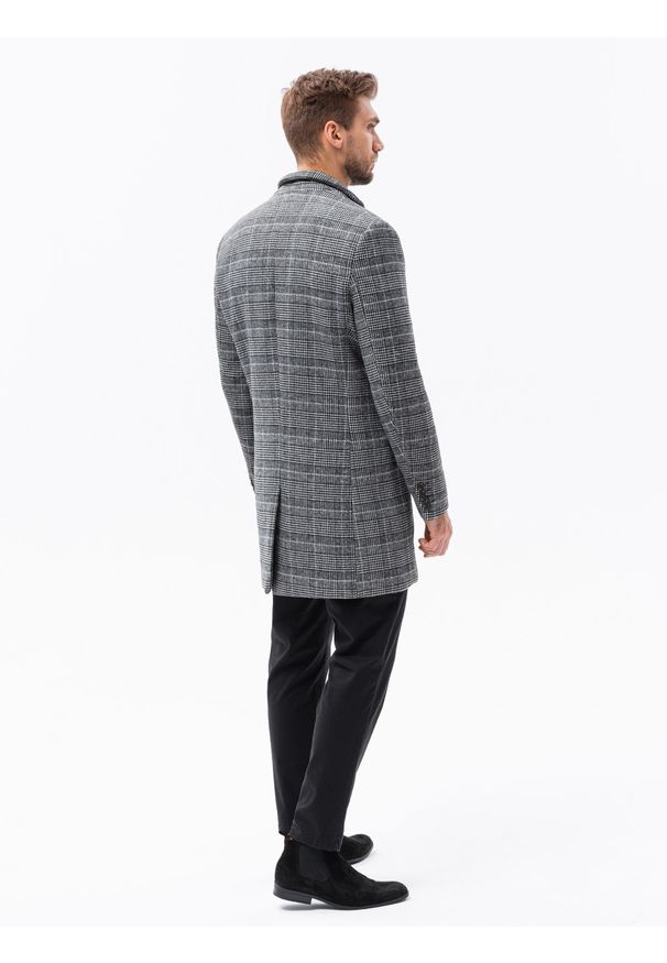 Ombre Clothing - Jednorzędowy płaszcz męski w kratę - czarny V2 C499 - XXL. Kolor: czarny. Materiał: akryl, poliester