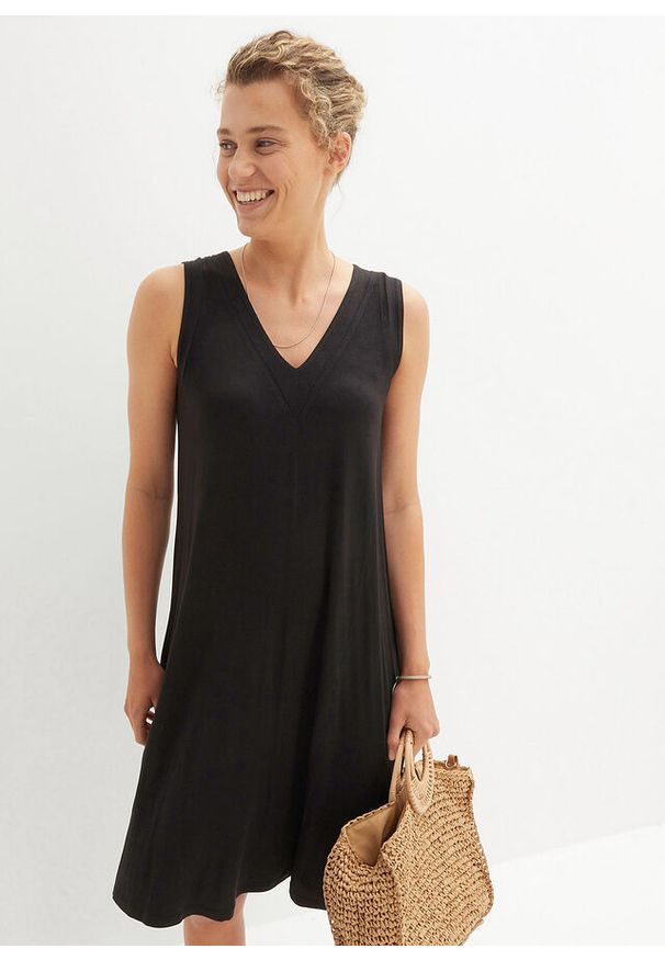 bonprix - Sukienka z dżerseju z lejącej wiskozy. Typ kołnierza: dekolt w serek. Kolor: czarny. Materiał: wiskoza, jersey. Długość rękawa: na ramiączkach