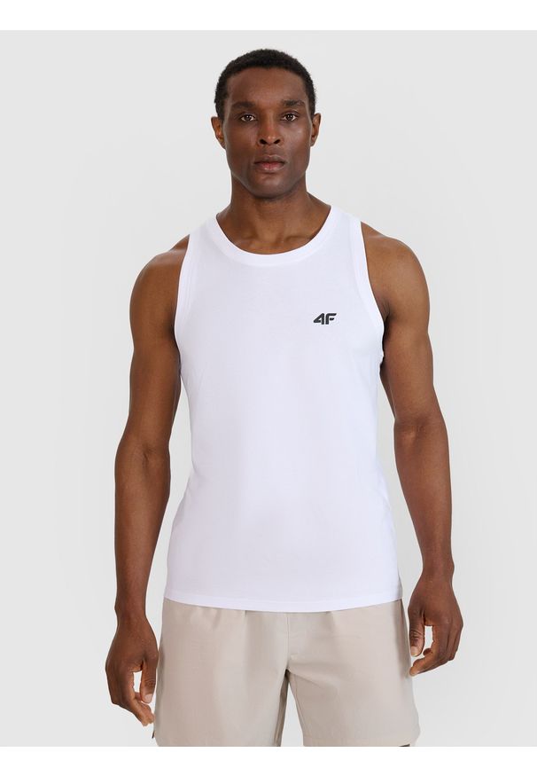 4f - 4F Tank top regular gładki męski - biały L. Kolor: biały. Materiał: dzianina, jersey, bawełna. Długość rękawa: bez rękawów. Wzór: gładki