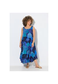 ULLA POPKEN - Damskie Sukienka midi wzór w paprocie trapezowy krój okrągły dekolt bez rękawów. Kolekcja: plus size. Kolor: niebieski. Materiał: wiskoza, materiał. Długość rękawa: bez rękawów. Typ sukienki: trapezowe. Styl: sportowy. Długość: midi #1
