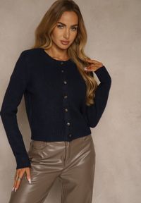 Renee - Granatowy Prosty Kardigan z Wełną z Okrągłym Dekoltem Reianvela. Kolor: niebieski. Materiał: wełna. Długość rękawa: długi rękaw. Długość: krótkie. Styl: klasyczny #4