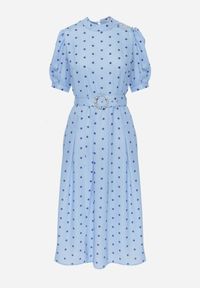 Born2be - Niebieska Sukienka Midi z Gumką w Talii i Materiałowym Paskiem z Klamrą Maerali. Okazja: na wesele, na imprezę, na ślub cywilny. Typ kołnierza: kołnierzyk stójkowy. Kolor: niebieski. Materiał: materiał. Wzór: grochy. Typ sukienki: rozkloszowane. Styl: elegancki. Długość: midi #7