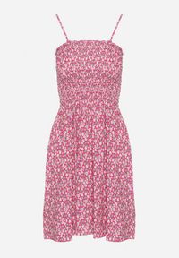 Born2be - Fuksjowa Bawełniana Sukienka na Regulowanych Ramiączkach z Elastycznym Dekoltem Risetta. Kolor: różowy. Materiał: bawełna. Długość rękawa: na ramiączkach. Wzór: kwiaty. Sezon: wiosna, lato #2