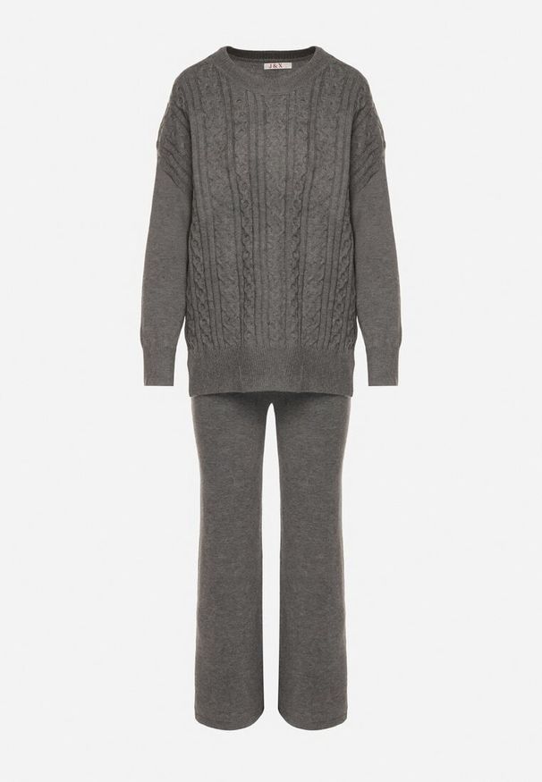 Born2be - Ciemnoszary Komplet Dzianinowy z Bawełną i Wełną Spodnie i Warkoczowy Sweter Errela. Kolor: szary. Materiał: wełna, bawełna, dzianina