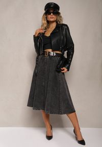 Renee - Czarna Rozkloszowana Spódnica Jeansowa Midi z Paskiem Wendlla. Kolor: czarny. Materiał: jeans