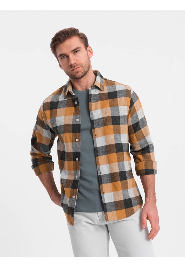 Ombre Clothing - Flanelowa koszula męska w kratę - żółto-czarna V2. Kolor: żółty. Materiał: bawełna. Styl: klasyczny