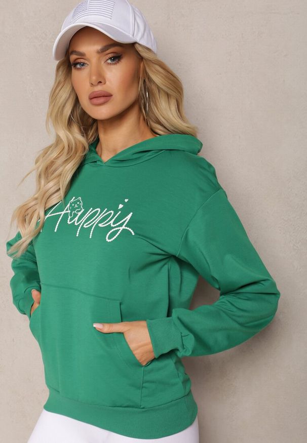 Renee - Zielona Bluza Ozdobiona Napisem z Kangurkową Kieszenią i Kapturem Hecconia. Kolor: zielony. Wzór: aplikacja, napisy