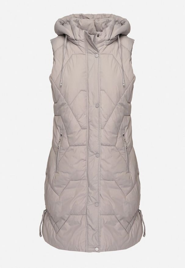 Born2be - Szara Pikowana Kamizelka z Odpinanym Kapturem i Ściągaczami Lorianvia. Okazja: na co dzień, na spacer. Kolor: szary. Materiał: jeans. Styl: sportowy, casual, elegancki