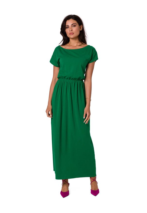 BeWear - Długa sukienka bawełniana z gumą w pasie zielona. Kolor: zielony. Materiał: bawełna, guma. Sezon: wiosna, lato. Długość: maxi