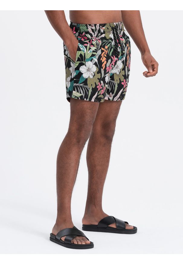 Ombre Clothing - Szorty męskie kąpielówki w kwiaty - czarne V3. Okazja: na plażę. Kolor: czarny. Materiał: poliester, materiał. Wzór: kwiaty