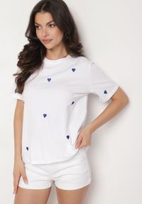 Born2be - Biało-Niebieski T-shirt z Bawełny w Serca Kolavelle. Okazja: na co dzień, na spacer. Kolor: biały. Materiał: bawełna. Styl: klasyczny, casual