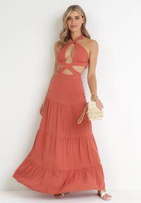Born2be - Jasnoczerwona Rozkloszowana Sukienka z Wycięciami i Wiązaniem Abisal. Kolor: czerwony #5