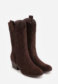 Born2be - Brązowe Ażurowe Botki na Obcasie w Stylu Kowbojek Lissemi. Okazja: na co dzień. Kolor: brązowy. Materiał: skóra, jeans. Wzór: ażurowy. Sezon: wiosna, jesień. Obcas: na obcasie. Styl: casual, elegancki. Wysokość obcasa: średni #5