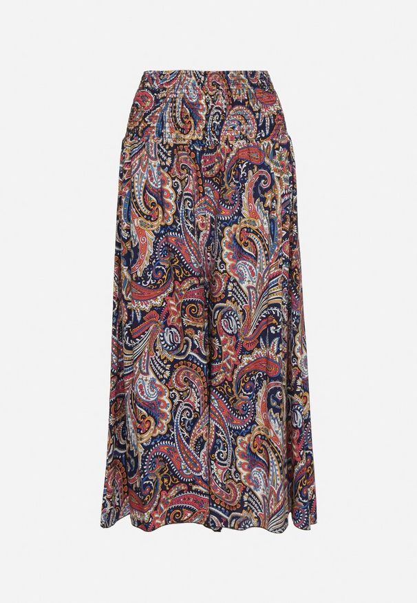 Born2be - Granatowe Bawełniane Spodnie Kuloty z Wzorem Paisley Tarrisa. Okazja: na co dzień. Stan: podwyższony. Kolor: niebieski. Materiał: bawełna. Wzór: paisley. Styl: wakacyjny, boho, elegancki, casual