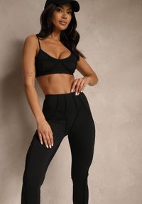 Renee - Czarny Komplet Sportowy Zdobiony Przeszyciami Legginsy i Top Filaranea. Kolor: czarny. Materiał: jeans. Wzór: aplikacja #5