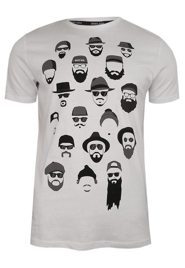 Brave Soul - Biały T-Shirt (Koszulka) z Nadrukiem -BRAVE SOUL- Męski, Brodacz, Okrągły Dekolt, Barber, Twarze. Okazja: na co dzień. Kolor: biały. Materiał: bawełna. Wzór: nadruk. Styl: casual