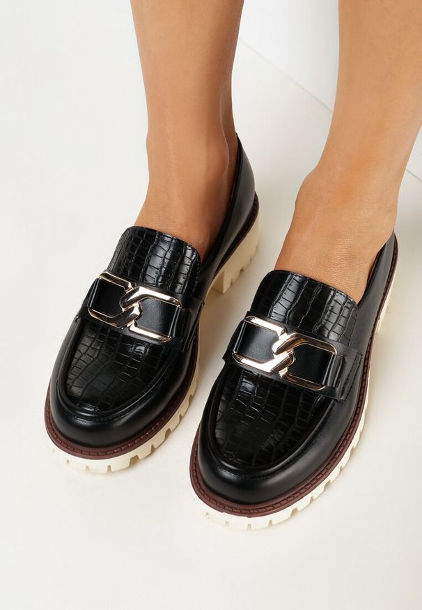 Born2be - Czarne Mokasyny ze Skórzaną Wkładką na Kwadratowym Obcasie Cassala. Kolor: czarny. Materiał: skóra. Obcas: na obcasie. Wysokość obcasa: średni