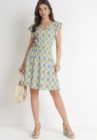 Born2be - Niebiesko-Żółta Bawełniana Sukienka Mini z Gumką w Talii Caara. Kolor: niebieski. Materiał: bawełna. Długość: mini #4