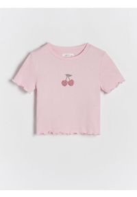 Reserved - T-shirt z aplikacją - różowy. Kolor: różowy. Materiał: dzianina, bawełna. Długość: krótkie. Wzór: aplikacja #1