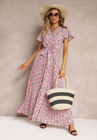 Renee - Jasnofioletowa Plisowana Sukienka Maxi w Kwiatki z Gumką w Talii Ikama. Kolor: fioletowy. Materiał: materiał. Wzór: kwiaty. Długość: maxi #3