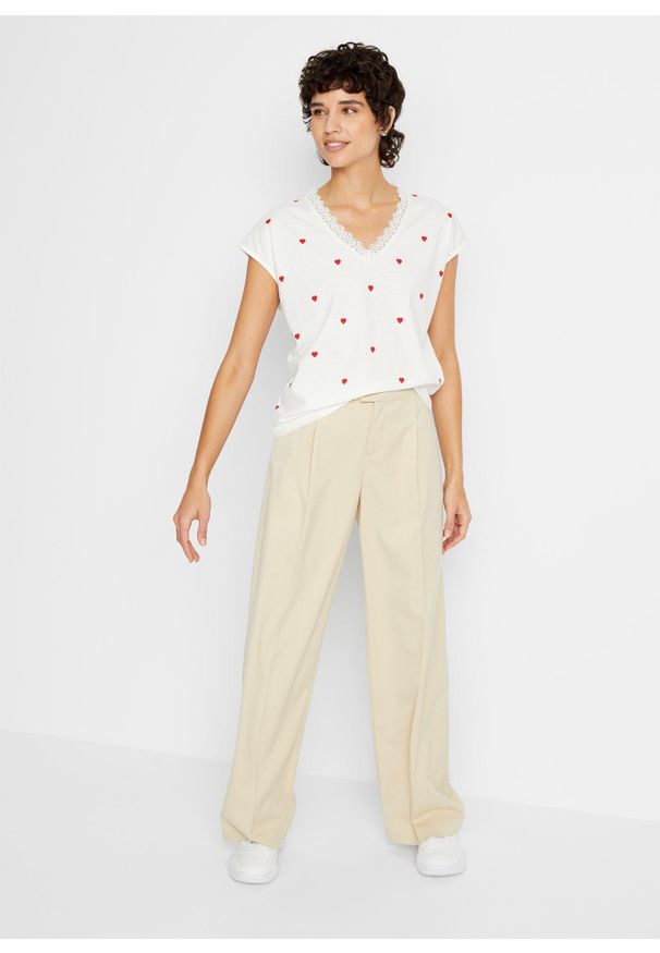 bonprix - T-shirt z czystej bawełny. Typ kołnierza: dekolt w serek. Kolor: biały. Materiał: bawełna. Wzór: nadruk