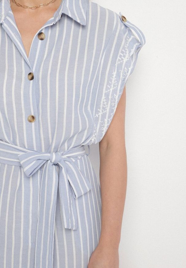 Born2be - Niebieski Bawełniany Kombinezon o Koszulowym Kroju z Wiązanym Paskiem Amerlia. Okazja: na co dzień. Kolor: niebieski. Materiał: bawełna. Styl: casual, klasyczny