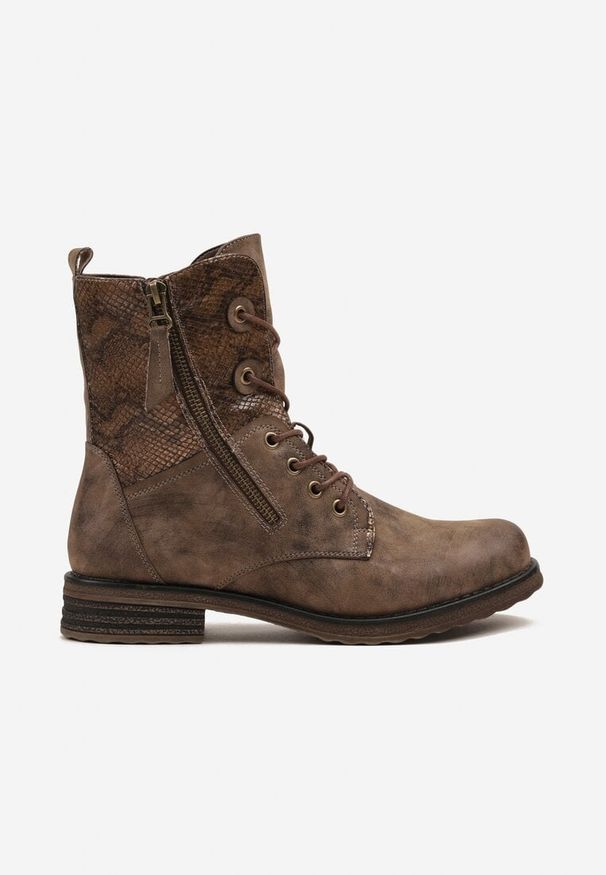 Renee - Brązowe Botki w Stylu Workerów z Ozdobnym Suwakiem i Wężową Wstawką Vemalora. Okazja: na co dzień. Kolor: brązowy. Materiał: skóra, jeans. Styl: klasyczny, casual, elegancki