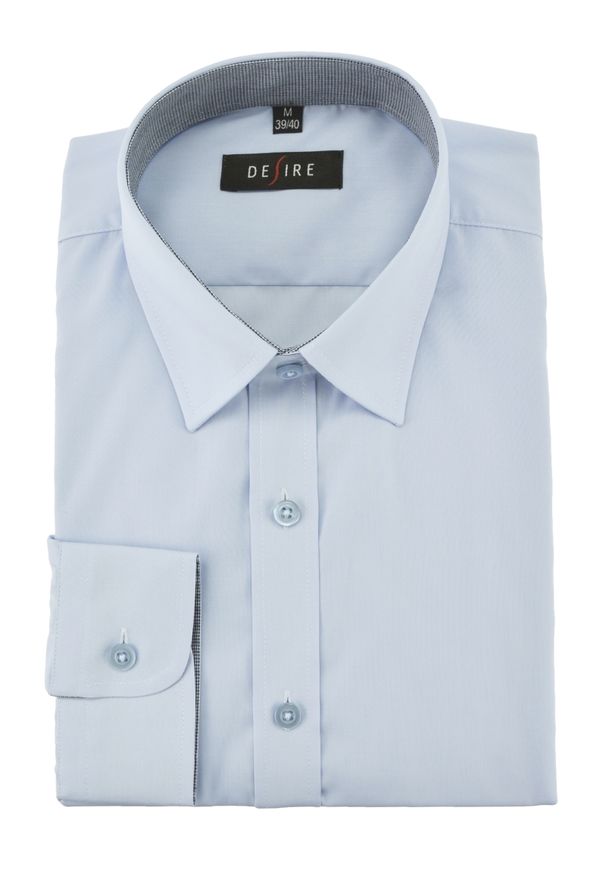 Desire - Wizytowa Koszula Męska z Długim Rękawem, Jednokolorowa, Zdobiony Kołnierzyk, SLIM-FIT. Kolor: niebieski. Materiał: poliester, bawełna. Długość rękawa: długi rękaw. Długość: długie. Wzór: aplikacja. Styl: wizytowy